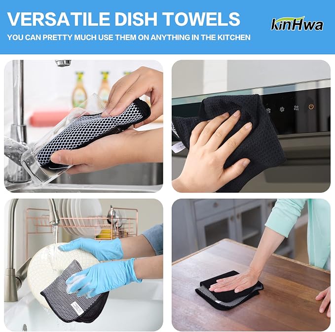 Dish Cloths for Washing Dishes with Scrub Side, Microfiber Dish Rags | Dual-sided microfiber dish cloths with scrubber for stuck-on food, quick dry kitchen washcloths 6 Pack, 12 Inch Black-B