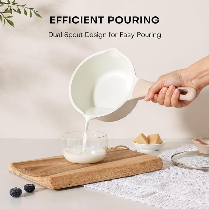 Kordisen Sauce Pan Set with Lid, 1.5Qt & 2.5 Qt Nonstick Cooking Pots with Pour Spout, Easy to Clean, Small Kitchen Induction Saucepan with Ceramic Coating, PFOA/PFOS Free (Cream)