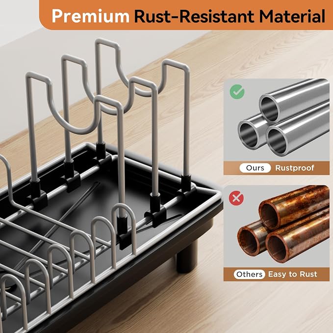 Laveshop Small Dish Drying Rack, Compact Dish Drainer for Kitchen Counter, with Adjustable Back Slots, Space-Saving for Small Kitchens, Black