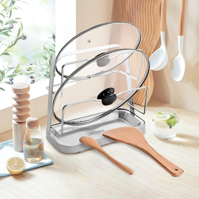 LELE LIFE Pot Lid Holder While Cooking, Pot Lid Organizer 304 Stainless Steel, Pan Cover Spoon Rest and Cutting Board Stand, Pot Lid Rack for Stove Top with Suction Cup & Drip Tray