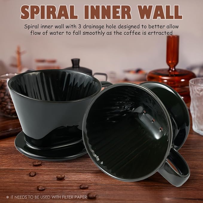 Pour Over Coffee Dripper, Ceramic Pour Over Coffee Maker, Black | 3 Holes Flat Bottom, Easy Manual Brew Maker, Porcelain Slow Filter Cone for Travel, Camping, Office, Home