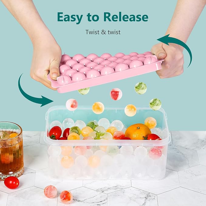 Optish Ice Cube Tray with Lid and Bin, 3 Pack Ice Trays for Freezer, 99 Pcs Round Ice Cube Mold, Ices Maker Bucket with Scoop for Cocktail, Coffee, Rv Accessories, Easy to Release (1 inch, Pink)