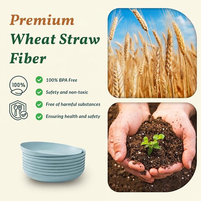 Wheat Straw Deep Plates 9 Inch Unbreakable & Lightweight Plastic Dinner Plates Alternative for Dessert, Sandwich 8 PCS Microwave & Dishwasher Safe Reusable Plate for Camping, RV-Light Blue