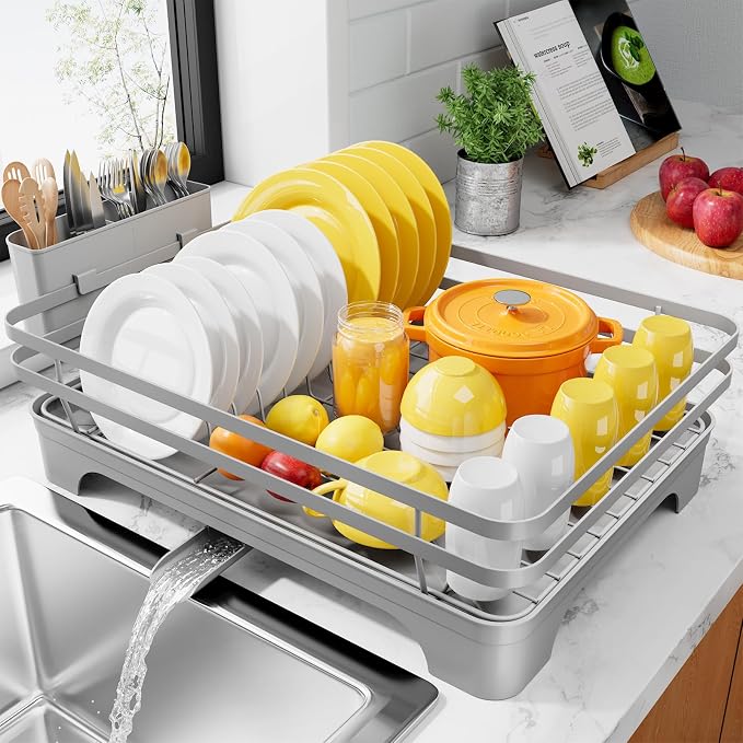 Kitsure Multi-Functional Dish Drying Rack, 15.7" x 12.0" x 5.5", Grey | Dish Rack for Kitchen Counter with Cutlery Holder, Rust-Proof Drying Rack Kitchen, Kitchen Sink Organization