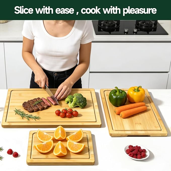 3-Piece Set Deep-Carbonized Bamboo Cutting Board for Kitchen, Natural | Crack-Resistant Wood Chopping Boards with Deep Juice Grooves, Pre-Oiled Butcher Block for Meat, Vegetables & Cheese