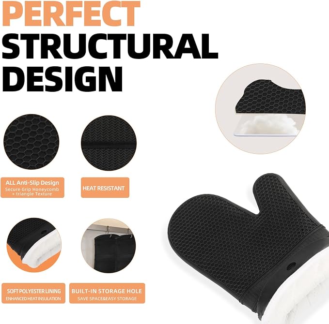 YUTAT Silicone Oven Mitts,Heat Resistant 500F Kitchen Mitts 2PCS,Perfect for BBQ, Baking and Cooking,Black