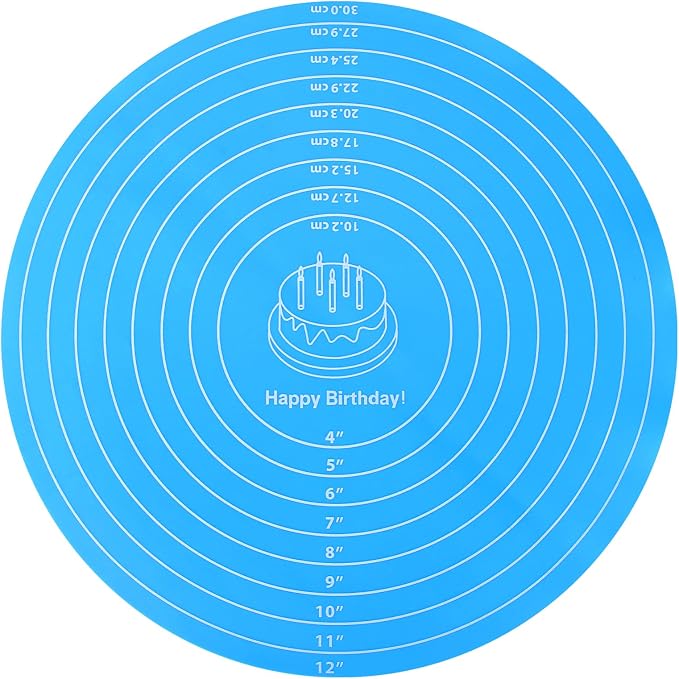 Silicone Baking Mat Cake Mat Round Silicone Baking Mat with Measurements for Cake Turntable Stand Pastry Baking Sheet, Non-Stick and Heat Resistant (Blue)