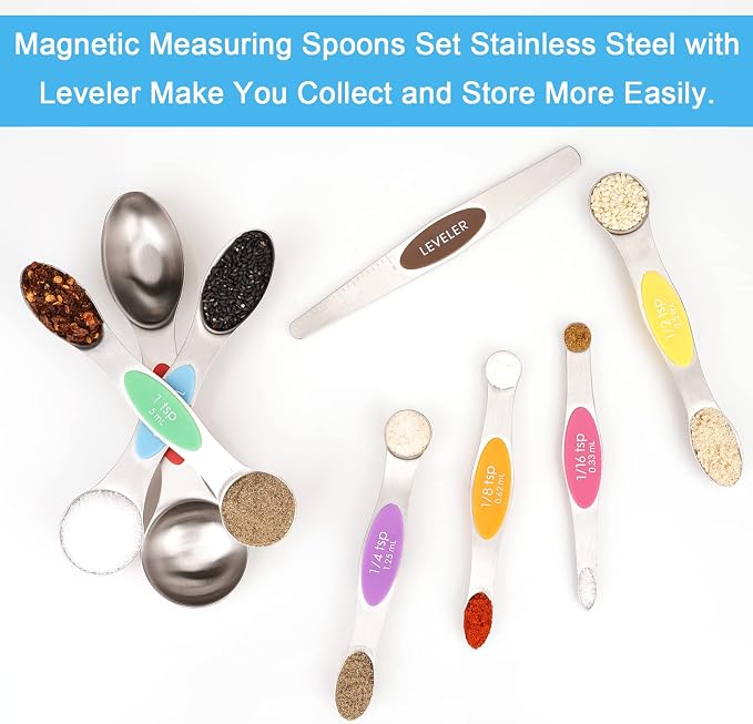 Aovchei 8 pcs Multi-Color Magnetic Measuring Spoons Set | Dual Sided, Stainless Steel Small Tablespoon, Teaspoons, Fits in Spice Jars, for Dry and Liquid