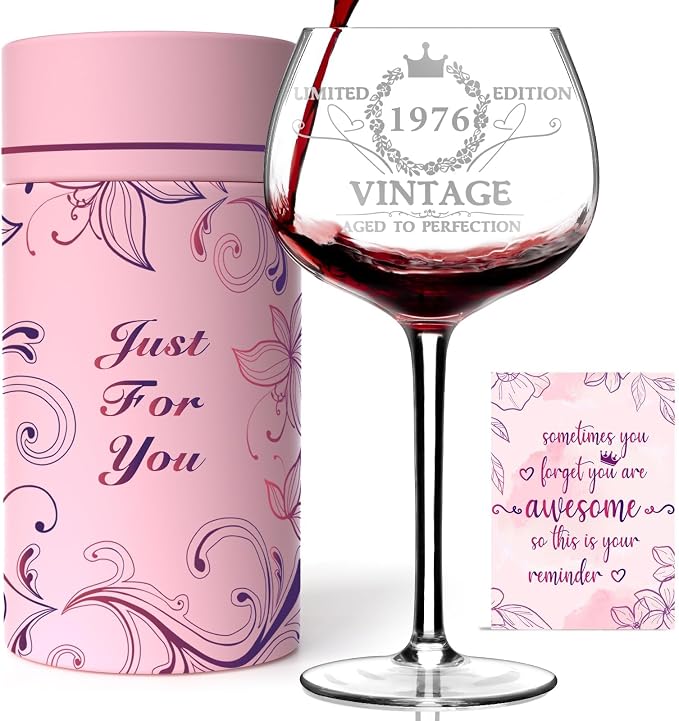 50th Birthday Gifts for Women, Vintage 1976 Engraved Wine Glass in Gift Box | Gift For Her Turning 50, Mom, Daughter, Sister, Friend, Lightweight Thin-Rimmed Glass, Elegant Design, Birthday Decoration