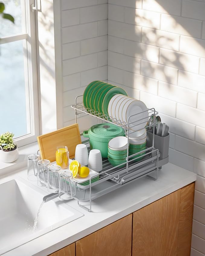 Kitsure Extendable Dish Drying Rack, 19.2"-26.7" L x 12.9" W, 2-Tier | Large Dish Rack, Multifunctional Dish Rack for Kitchen Counter, Anti-Rust Dish Drainers with Cutlery & Cup Holders,Grey