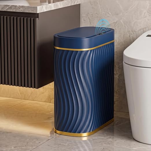 2.6 Gallon Automatic Bathroom Trash Can with Touchless Lid, Blue Gold | Motion Sensor Trash Can with Slim Waterproof Body; Small Plastic Garbage Can, hands-free lid for Bedroom, office, and kitchen