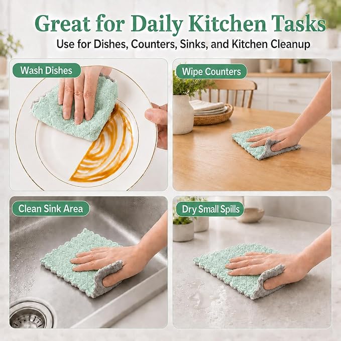 kimteny 12 Pack Dish Cloths for Washing Dishes | Super Absorbent Microfiber Kitchen Dish Rags, Fast Drying Coral Velvet Dish Cloths for Kitchen Counter and Dishes, Green-Grey