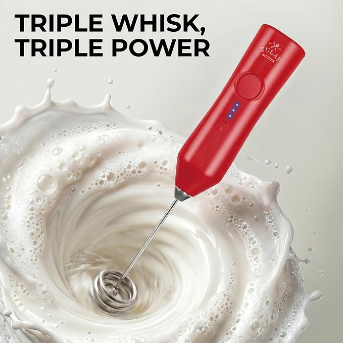 Zulay Kitchen Rechargeable Milk Frother Handheld - Frother Wand, Drink Mixer, Electric Whisk Frother, for Cappuccinos, Matcha & Protein Powder - Dynamic Triple Whisk, 3 Speed 500mAh Red