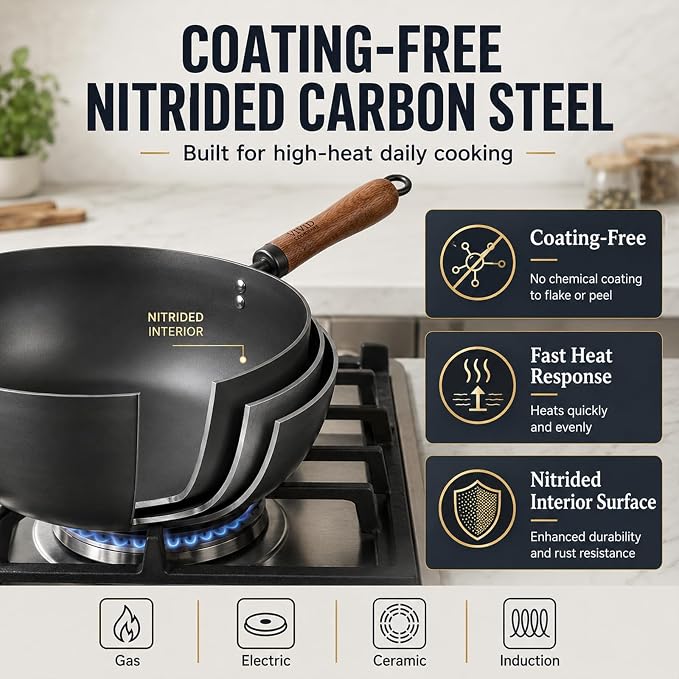 4 Qt Nitrided Carbon Steel Deep Wok with Lid, Flat Bottom | Deep 4 Qt nitrided steel for braising, soups, noodles and one-pot meals; wooden handle; gas, electric and induction ready.