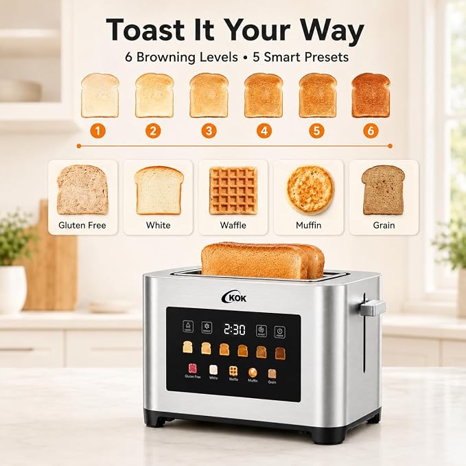 KOK 2 Slice Touch Screen Toaster, Stainless Steel Smart Toaster with 1.6” Extra Wide Slots, 6 Browning Levels & 5 Bread Presets, Digital Timer Defrost Reheat Cancel, Removable Crumb Tray for Kitchen