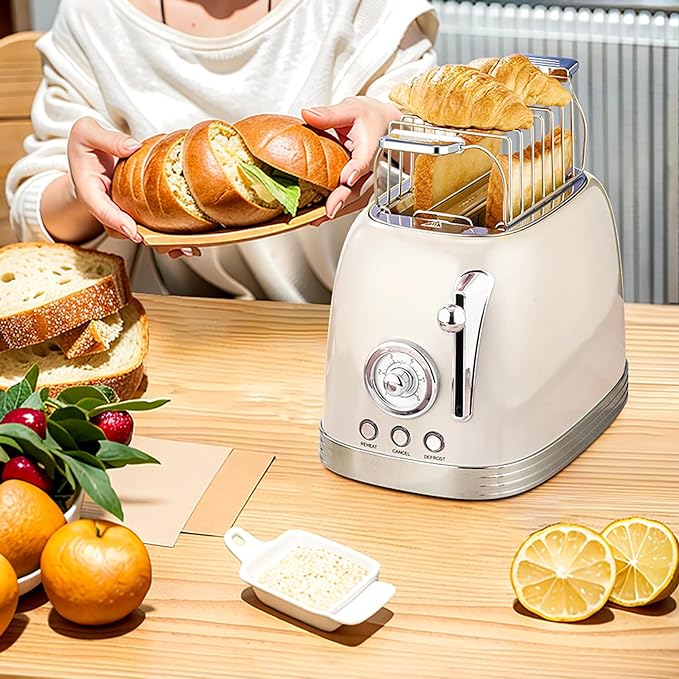 Wiltal Beige Cute Retro Toaster 2 Slice with 1.58" Wide Slots, Bread toaster with Cover and Warm Rack, Stainless Steel Toasters with Removable Crumb Tray, Preheat, Defrost, Cancel Function (Cream)