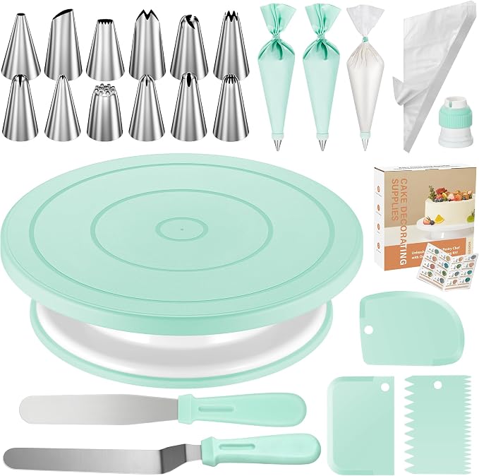Kootek 71 Cake Decorating Kit Baking Supplies Tools for Beginners & Pros | Cake Stand Turntable, Icing Piping Tips, Disposable Reusable Pastry Bag, Spatulas, Video Tutorial, Pattern Chart