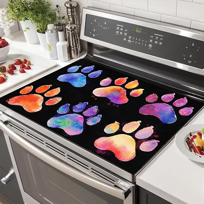 HOMETITUTE Stove Top Cover 28x20 Colorful Paw Print Heat Resistant Mat