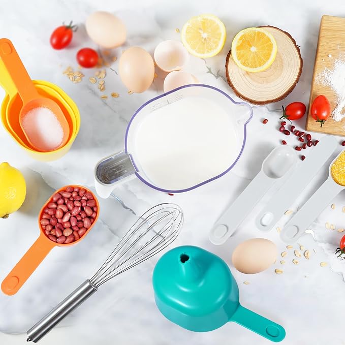 Stackable 10-Piece Measuring Cups and Spoons Set with White Lids | Kitchen gadgets for cooking & baking. Includes 10 stackable cups & spoons. Dishwasher-safe. For liquid & dry, multicolor