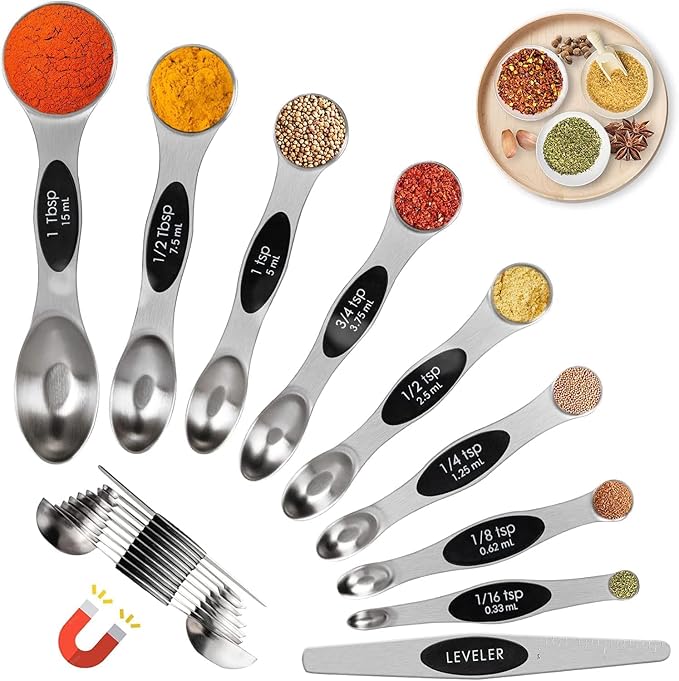 19-Pc Magnetic Measuring Cups and Spoons Set, with Lid, Black | Includes 1 cover, 9 stackable cups set & 9 magnetic spoons, BPA-free & dishwasher safe, for liquid and dry baking gadgets