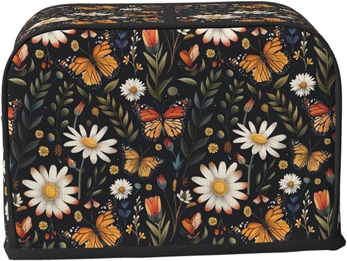 2 Slice Toaster Cover Vintage Butterfly Daisy Leaf Dust Proof Washable Kitchen Appliance Cover with Pocket, Oxford Fabric Countertop Toaster Protector for Standard Toasters Small Appliances