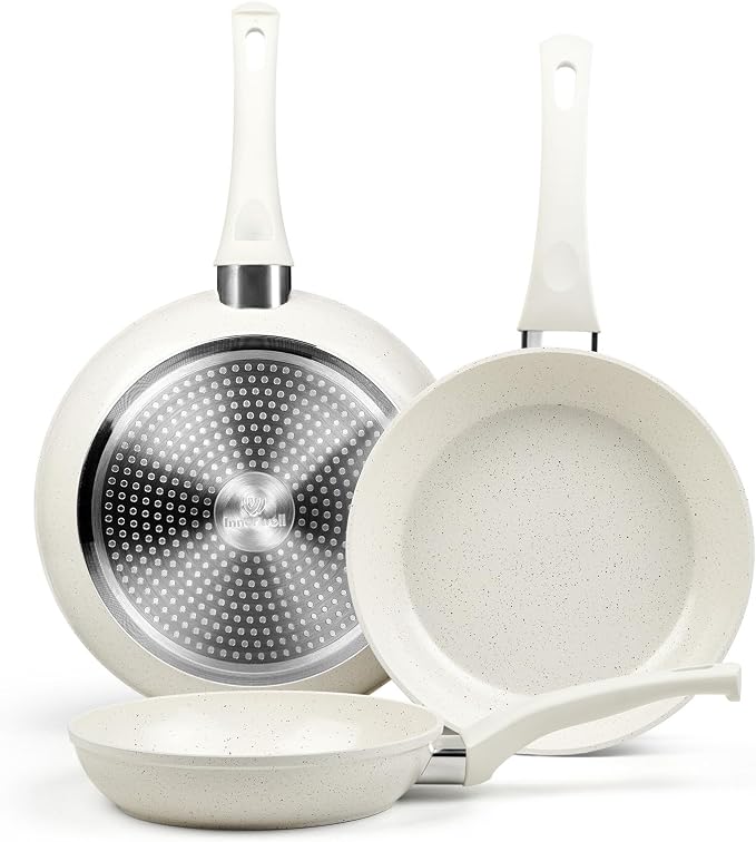 Innerwell Nonstick Ceramic Frying Pans Skillets Set 8"+9.5"+11" | No Toxic Egg Omelette Frying Pan, All Stove Compatible, Healthy Granite Induction Cooking Pan, PFOA & PFAS Free, White