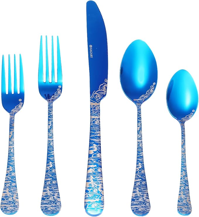 Wave Cutlery Set 20 Pieces Stainless Steel Flatware Set (All Blue) | Service for 4 Utensils For Home Kitchen Wedding Laser Engraved Dishwasher Safe