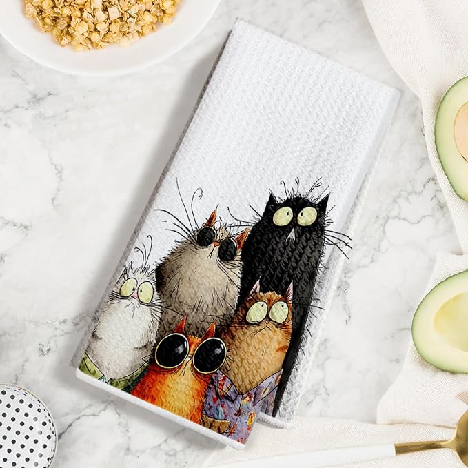 2 Pcs Cute Cat Kitchen Towels, Funny Cats Gifts Absorbent Hand Towels-07 | Cat Dish Cloths for Drying Dishes, Cats Waffle Dish Towels for Kitchen Home Bathroom Decor, Cat Lover Gifts for Women Mom