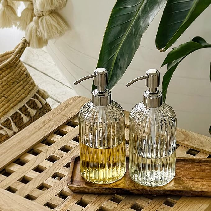 JASAI 2PACK 18 Oz Glass Soap Dispenser with Rust Proof Stainless Steel Pump | Refillable Hand Soap Dispenser with Vertical Stripe, Premium Bathroom soap Dispenser for Kitchen & Bathroom.
