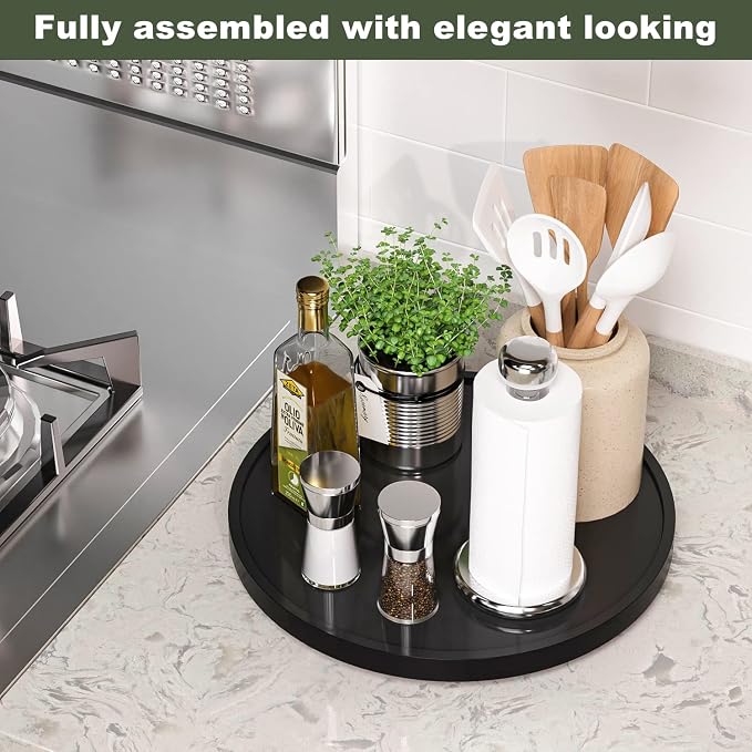 Lazy Susan Organizer, 13.2 Inch Non-Skid Bamboo Turntable | Kitchen Table Cabinets Closets and Kitchen Islands, Wood Turntable for Kitchen Countertop Organizer, Black
