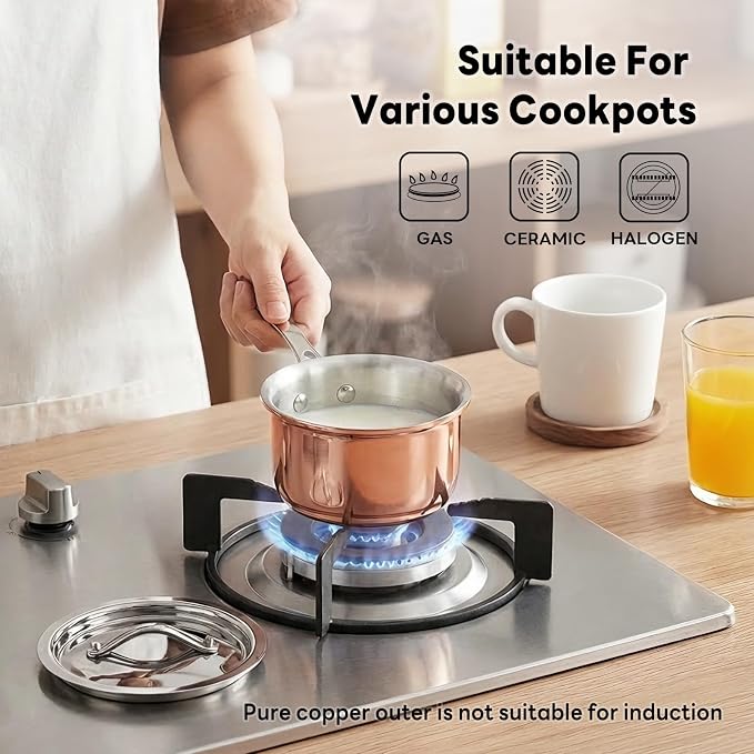 Macevia Mini Sauce Pan with Lid,Copper Butter Warmer Small Pot, Multipurpose Use for Home Kitchen or Restaurant (10.8oz/320ml)