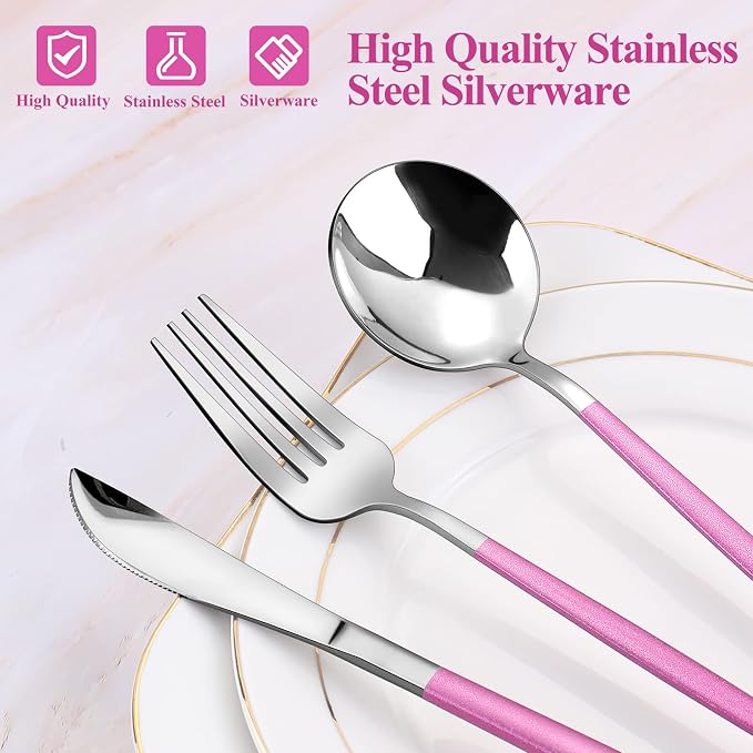 VANVRO Mirror Silver Rosy Silverware Set, 20-Piece Stainless Steel Flatware Set, Satin Finish tableware Cutlery Set, Service for 4, Home and Restaurant, Dishwasher Safe