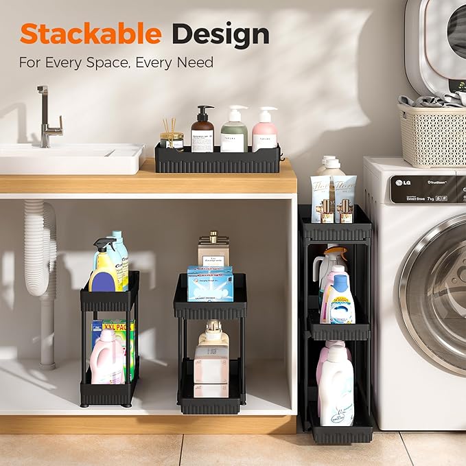 3-Pack 2-Tier Under Sink Organizers with Sliding Drawers | Multi-use kitchen & bathroom storage, 14.8 inch 2-Tier Sliding cabinet organizer, space-saving sliding drawer design.