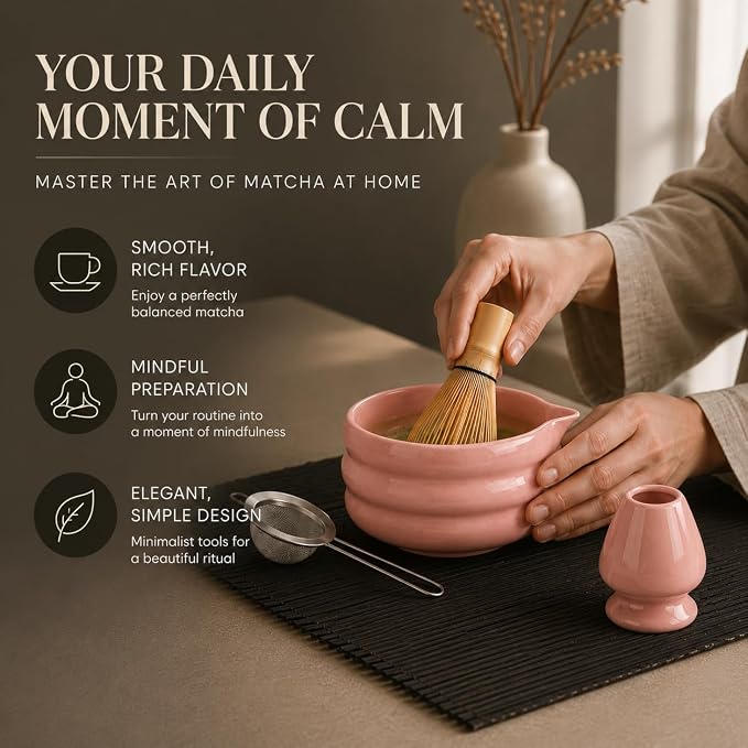 BARISTA EMPEROR® MATCHA WHISK SET PREMIUM 11pcs - Professional Matcha Kit Set with Matcha Bowl, Matcha Whisk, Milk Frother, Spoon, Sifter, Scoop, Stand, Cup, Mat - Aesthetic Pink Matcha Set Kit