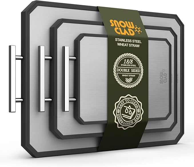 EXTRA LARGE Stainless Steel Cutting Board Set of 3 for kitchen | Non Toxic Metal Cutting Board,Double Sided Stainless Steel/Wheat pp Large for meat Dishwasher Safe,20*13.8+16*11+12*8.3 Inch