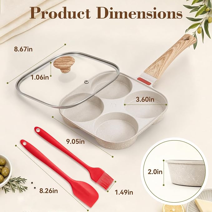 Egg Pan, Premium Egg Pans Nonstick, Omelette Pan with Lid , Healthy Egg Frying Pan for Breakfast, Egg Sandwich, Hamburger, Pancake, Egg Skillet Suitable for Gas Stove & Induction Cookware (White)