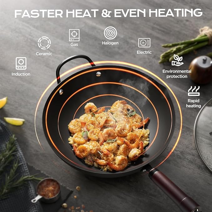 FGJ Wok, 13 Inch Carbon Steel Woks & Stir-fry Pans Nonstick | Pre-Seasoned 5.8QT Flat Bottom Chinese Wok Paella Pan with lid,PFOA/PTFE free Cookware Compatible with All Cooktops
