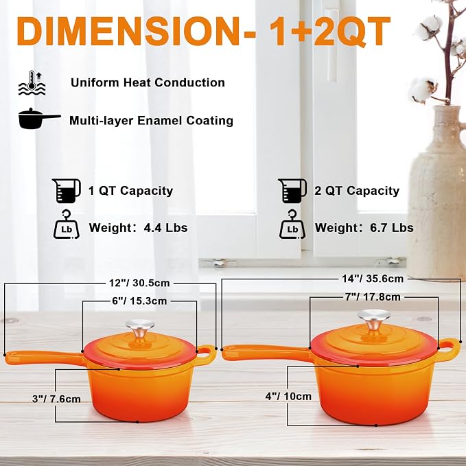 Leonyo 1Qt& 2Qt Cast Iron Saucepan Set, Dutch Oven Pot for Cooktop, Orange