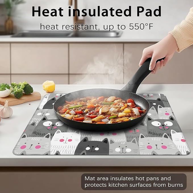 Electric Stove Top Cover Protector – Gray Cartoon Cat Glass Flat Top Stove Mat Oven Induction Cooktop Mat for Ceramic Countertop Mats Heat-Resistant Dish Drying Mat