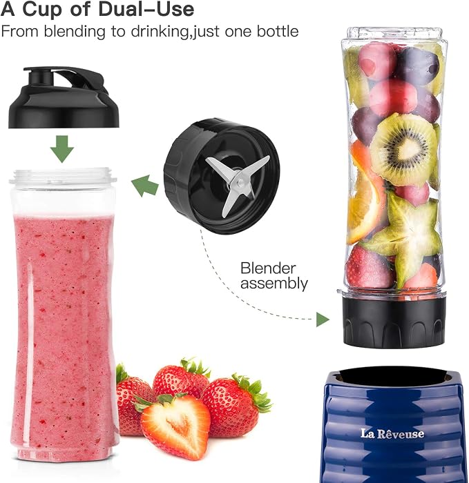 La Reveuse Personal Size Blender for Protein Shakes and Smoothies, Navy | 18oz BPA-free Portable Bottle with Spout Lid, Push to Blend, Suitable for Home, Apartment, Office, Dorm, 300 Watts, LARB1801N