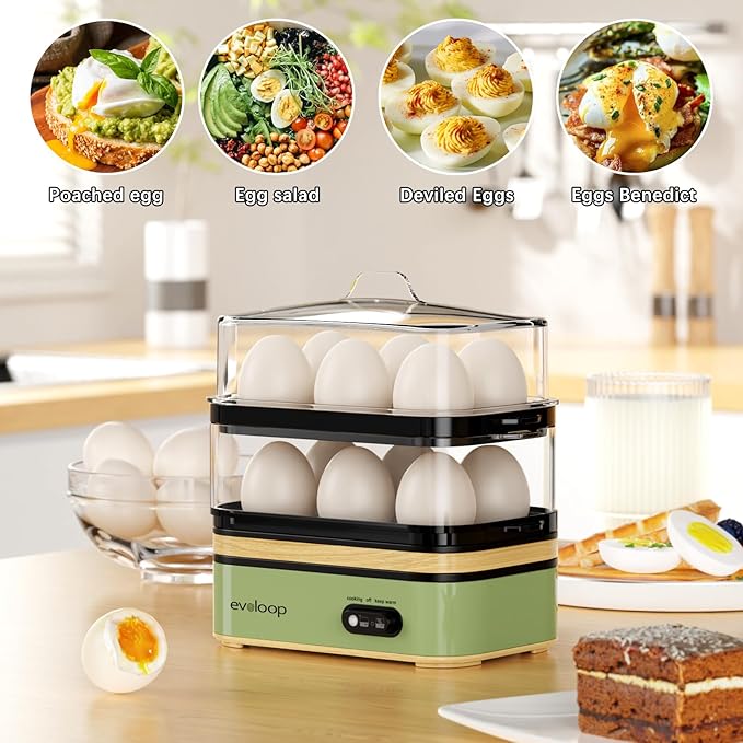 Evoloop Rapid Egg Cooker Electric 12 Eggs Capacity, Soft, Medium, Hard Boiled, Poached, Omelet Maker Egg Poacher & Vegetable Steamer, BPA Free Tray（Green）