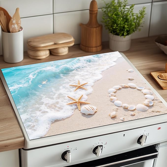 HOMETITUTE Summer Stove Top Covers for Electric Stove 28x20 Inches Coastal Seashell Artwork Heat Resistant Glass Cooktop Protector Pad Decorative Stovetop Cover for Kitchen Coffee Bar Decor