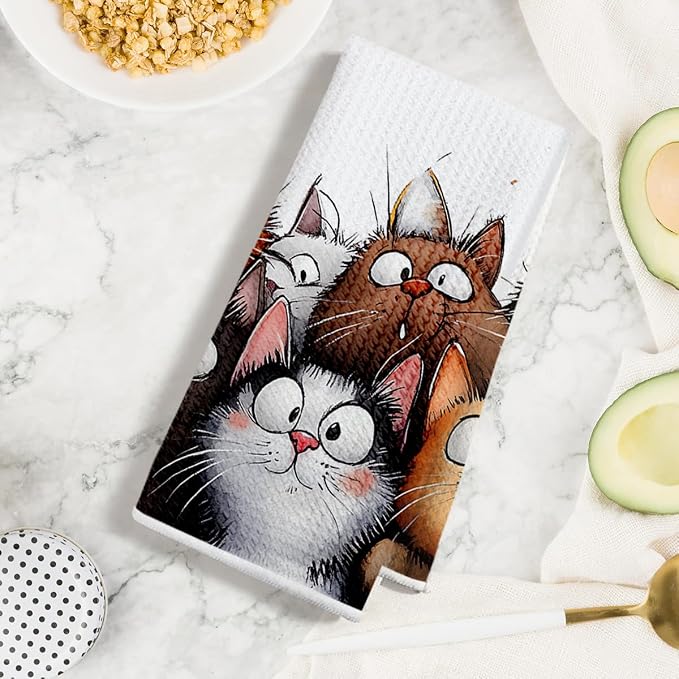 Jztco 4 Pcs Cute Cat Kitchen Towels, Cats Soft Absorbent Hand Tea Towel