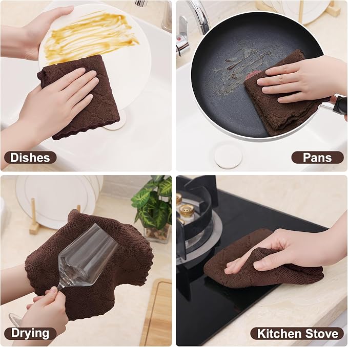 Homaxy 12 Pack Super Soft & Absorbent Dish Cloths, 10" x 10", Brown | Coral Velvet, Nonstick Oil Fast Drying Microfiber Cleaning Cloth, No Lint Household Dishcloths