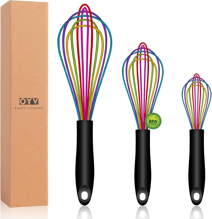 OYV Rainbow Silicone Whisk Set of 3, 8/10/12 Inch, Dishwasher Safe,Colorful | Sealed Waterproof Handles, Non-Scratch Silicone-Coated Wires, Nonstick-Safe, Durable Stainless Steel Cores, Easy To Clean