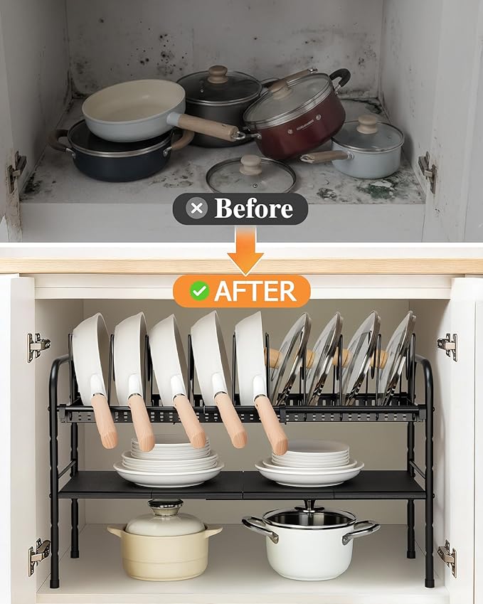 HULISEN Pots and Pans Organizer Under Cabinet, 2-Tier Expandable Pot Rack | 10 Dividers for Lid Separation, 5-Level Adjustable Height, Kitchen Cookware Pan Holder Shelf, Carbon Steel Frame