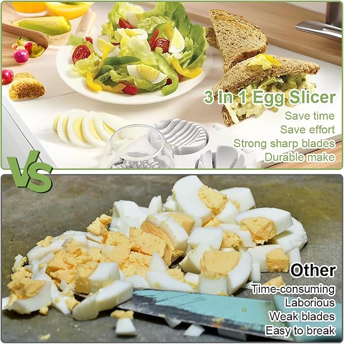 3 in 1 Egg Slicer for Hard Boiled Eggs with Cleaning Brush | Three Cutting Modes for Slices, Wedges and Dices, Egg Cutter&Fruit Slicer, Heavy Duty, Stainless Steel Wires, Dishwasher Safe