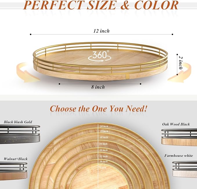 AMH 12-Inch Farmhouse Oak Lazy Susan Cabinet Organizer | Smooth rotating oak tray with walnut finish for dining tables, kitchen counters, pantries and cabinet storage.
