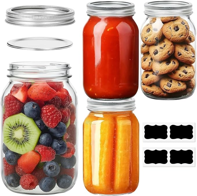 ComSaf 32 oz Wide Mouth Mason Jars 4 Pack Large Glass Jars with Lids | BPA-Free Materials, Quart Size, Chunky Salsa, Canning Pickling Sauce, Meal Prep Salad, Sourdough, Jam Jelly, Meal Prep