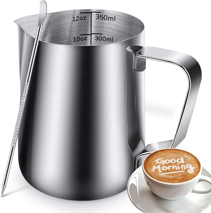 12oz Milk Frothing Pitcher, Stainless Steel Espresso Latte Cup Steaming Pitcher Creamer Cups, Milk Frother Cup Espresso Machine Accessories Barista Tools Jug for Coffee Cappuccino with Latte Art Pen